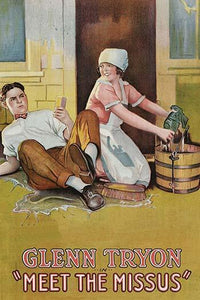 Young Couple on Floor poster print featuring a couple with a scrubbing brush and laundry tub.