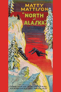 Poster print of a man rescuing a girl on a sled from a cliff on a snowy mountain.