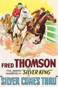Cowboy on white horse winning a race on a track poster print.