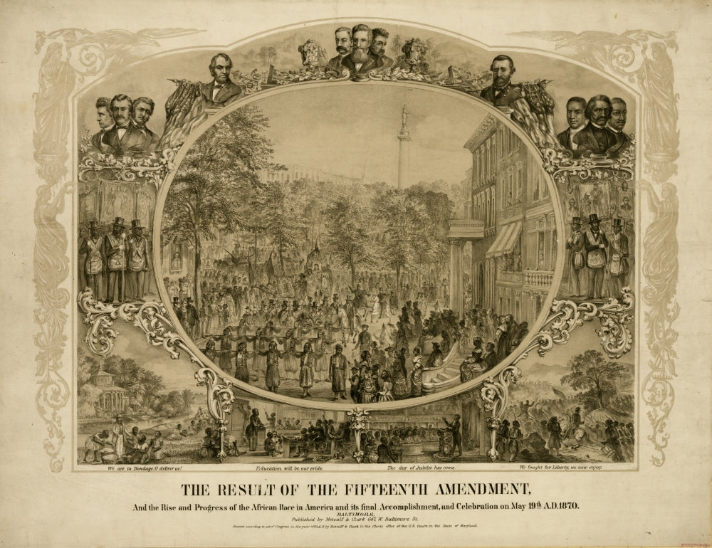 Fifteenth Amendment Celebration Poster Print commemorating the African race in America, historical artwork.