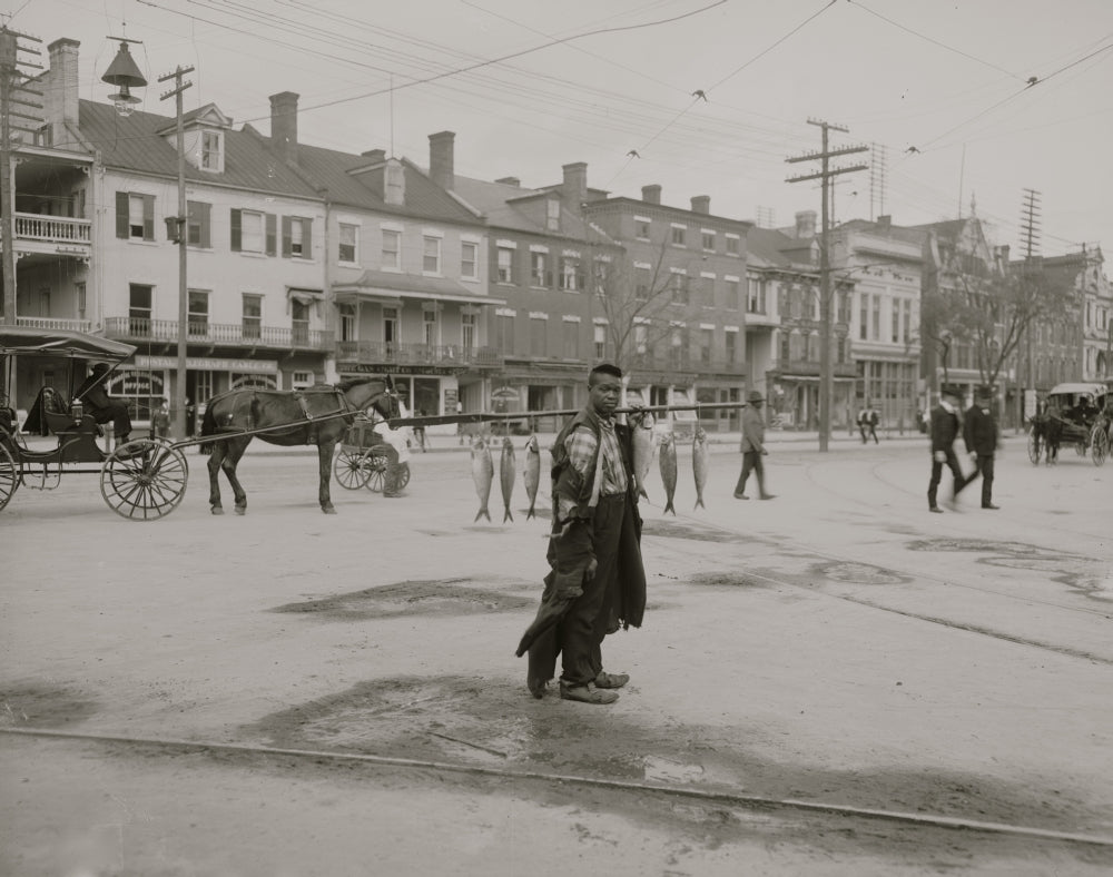 On a City Street Fish Seller Poster Print featuring a young African American man selling fish