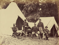 White soldier and young black servant poster print depicting soldiers by tents.