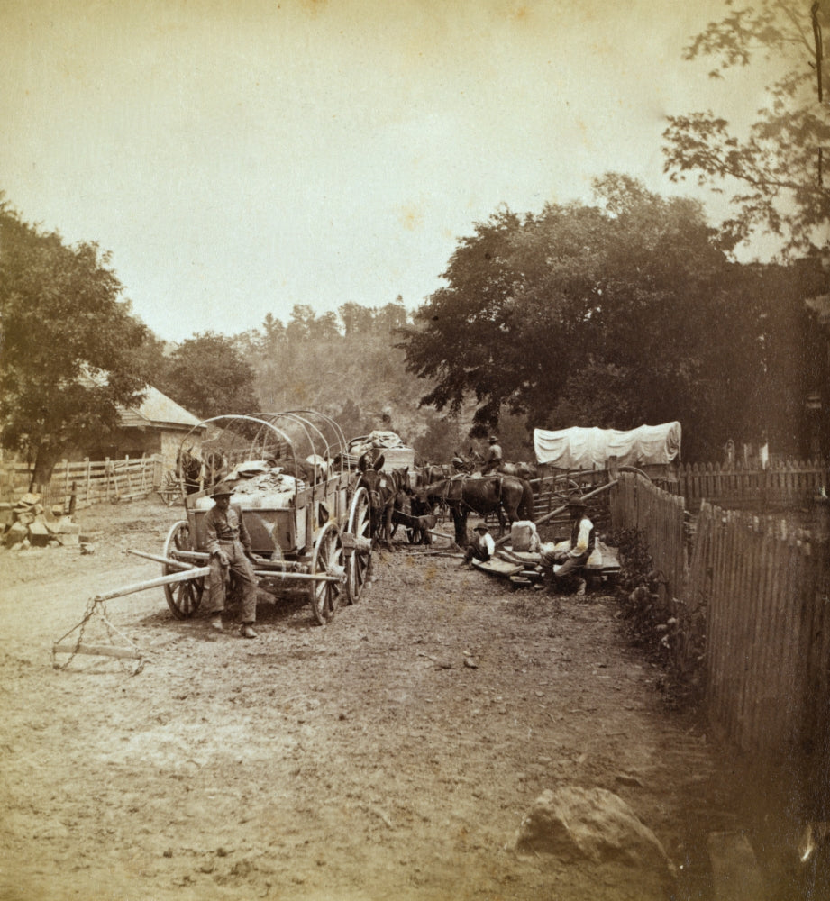 Poster print of African Americans resting by covered wagons near Greenbrier Bridge in West Virginia.