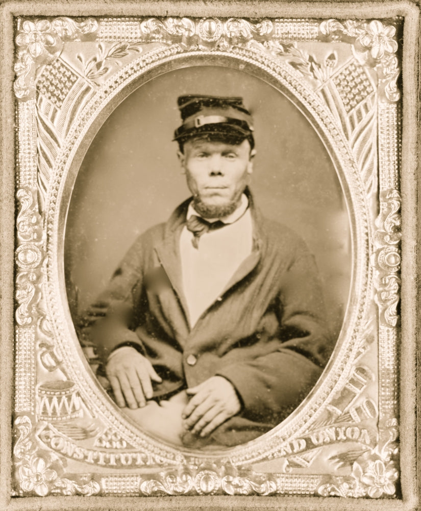 Seated soldier wearing four-button sack with kepi poster print.
