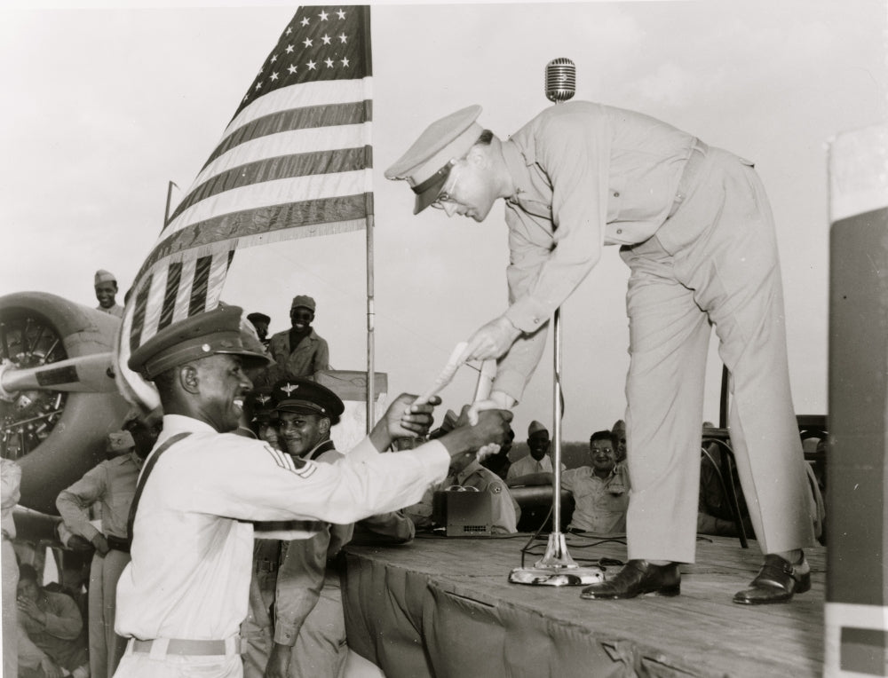 Tuskegee Army Air Field Military Award Poster Print featuring an African American service member receiving an award.