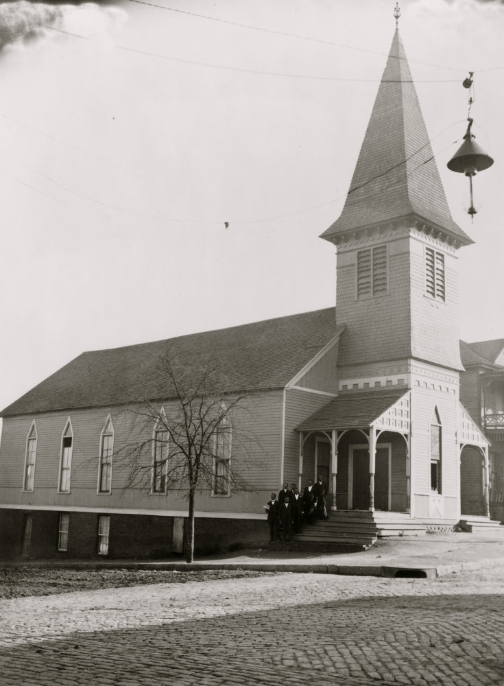 Exterior view of church with African American men standing on steps in Georgia poster print.