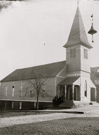 Exterior view of church with African American men standing on steps in Georgia poster print.