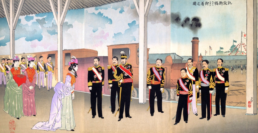 Arrival of the Emperor at Shinbashi Station Following a Victory Poster Print by Kiyochika