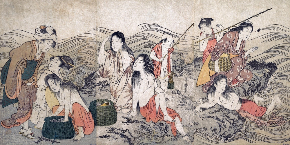 Girl Fishers & Bathers Art Print by Utamaro showcasing women in serene nature.