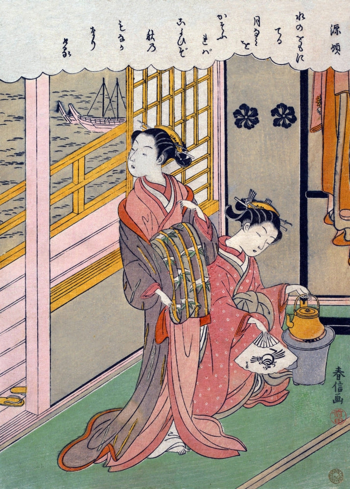 Waves by Moonlight watercolor print by Harunobu depicting two women preparing tea by a river.