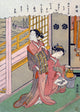 Waves by Moonlight watercolor print by Harunobu depicting two women preparing tea by a river.