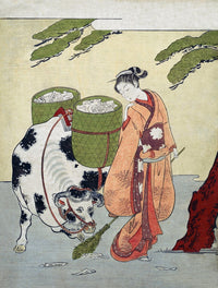 Poster print of Woman Sweeps Up Her Love Letters by Harunobu, showcasing a woman gathering love letters.