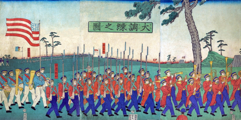 US Troops March in Yokohama Drill Poster Print by Sadahide