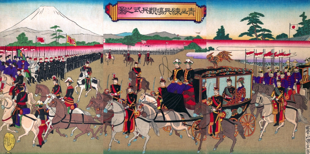 Military Review at Aoyama Art Print by Kunisada, showcasing traditional Japanese soldiers.