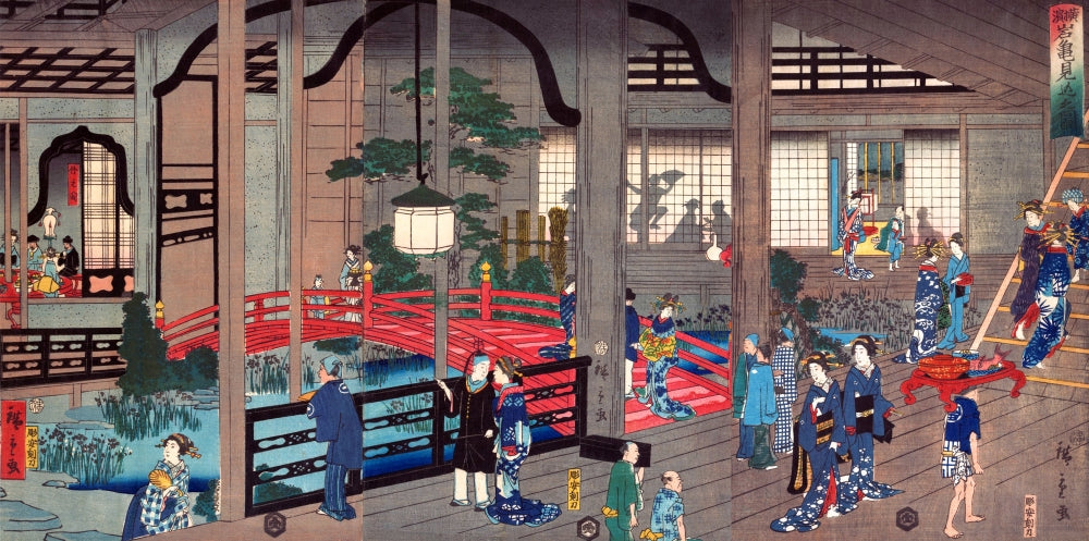Art print of the Interior of the Gankiro Tea House in Yokohama by Hiroshige.