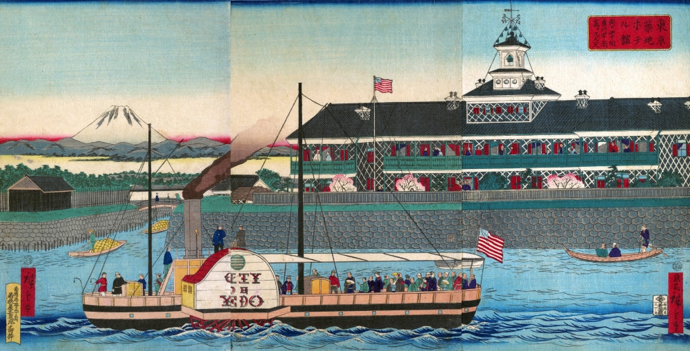 The Tsukiji Hotel in Tokyo poster print by Hiroshige III, capturing traditional Japanese architecture.