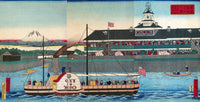 The Tsukiji Hotel in Tokyo poster print by Hiroshige III, capturing traditional Japanese architecture.