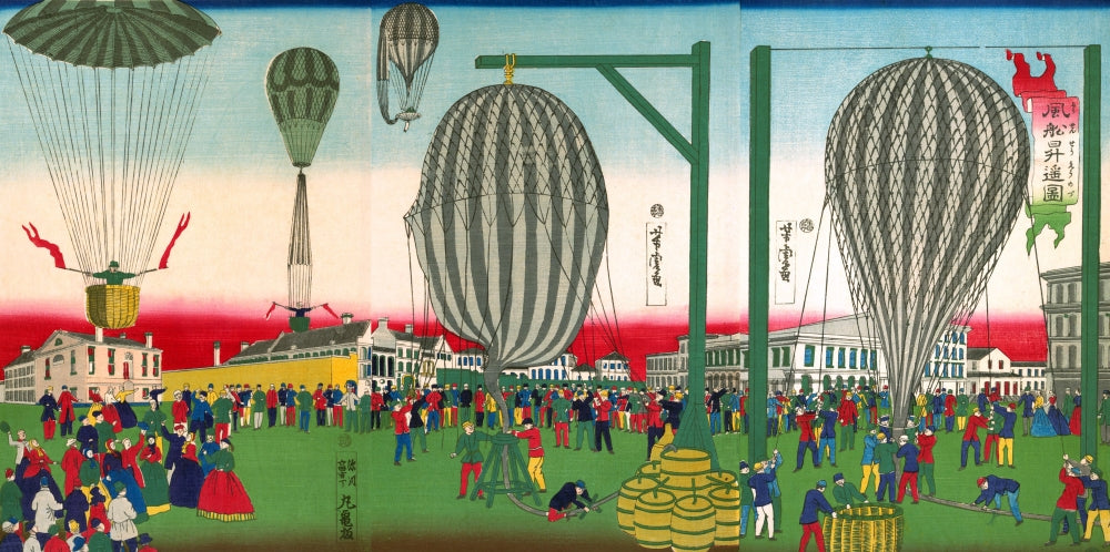 Balloon Ascension Poster Print by Yoshitora featuring colorful balloons in the sky