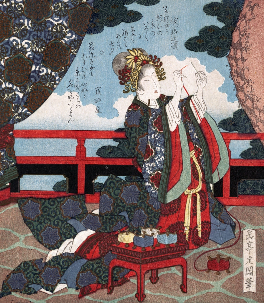 Lady Threading a Needle on Verandah Poster Print by Gakutei
