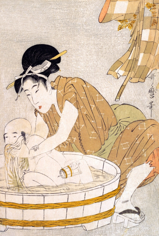 Mother Bathing a Child Art Print by Utamaro, depicting a nurturing moment between mother and child.