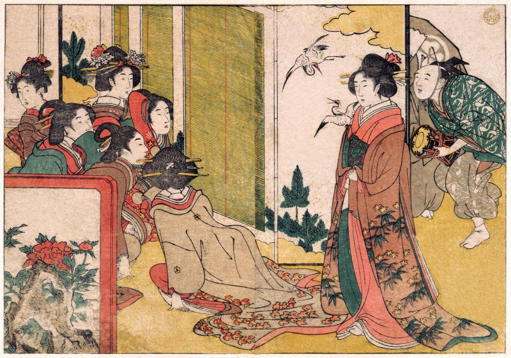 Girls Entertained by Performers Fine Art Print by Utamaro