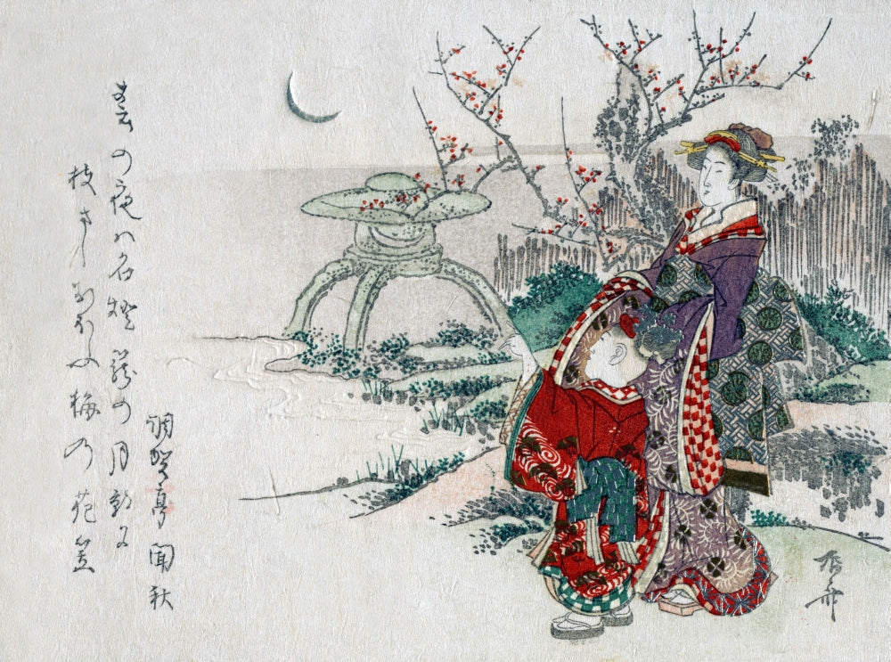 Woman with a Child in the Garden Looking at the New Moon Poster Print