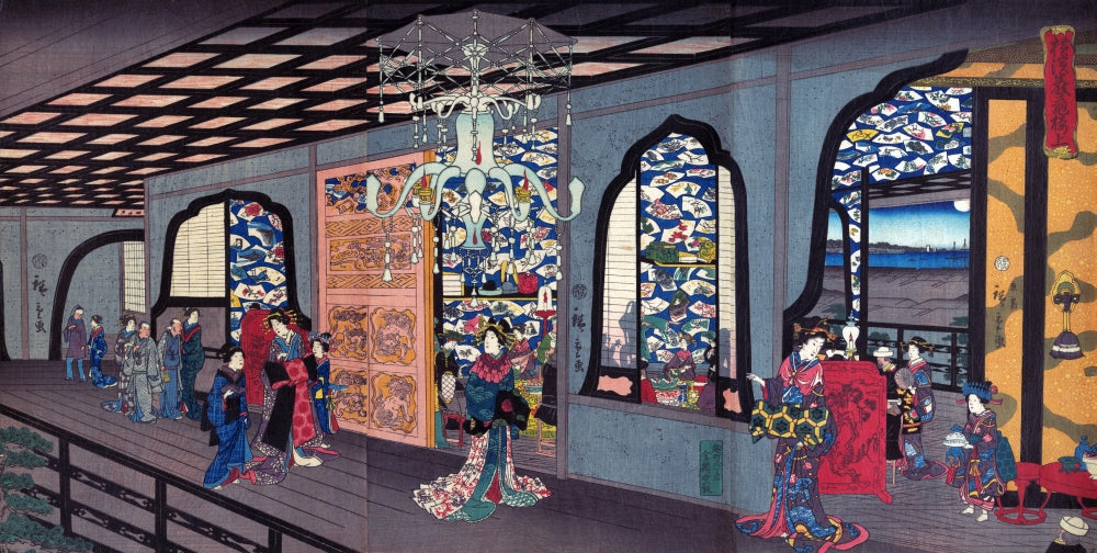 Upper Floor of the Gankirō Tea House in Yokohama Poster Print by Hiroshige III