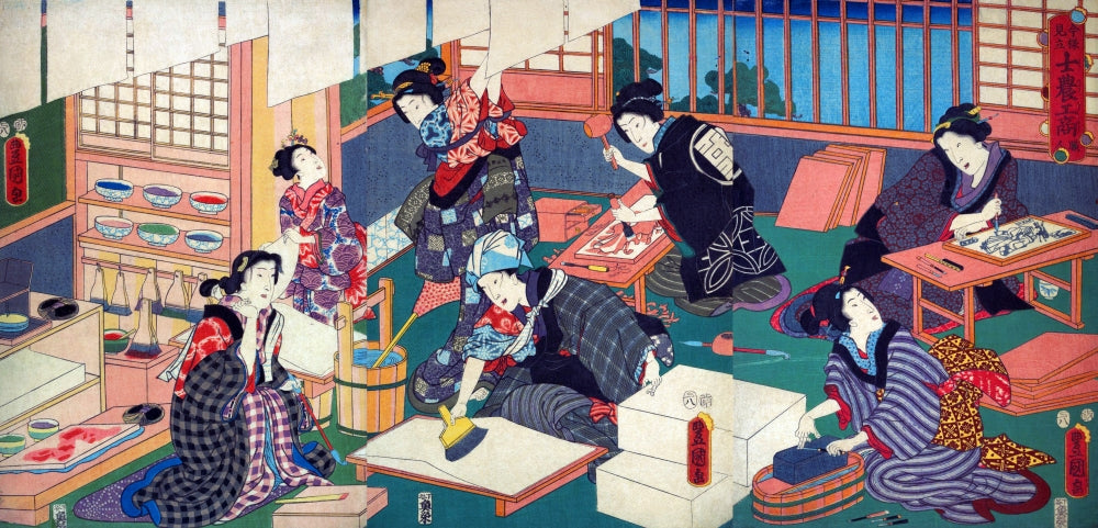 Women Artisans Poster Print by Kunisada showcasing traditional crafts.