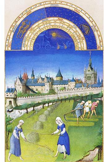 Harvest Time Poster Print by Herman & Jean Limbourg Paul depicting peasants in a meadow with Hotel de Nesle in the background.