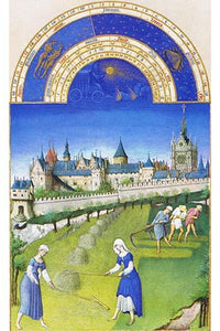 Harvest Time Poster Print by Herman & Jean Limbourg Paul depicting peasants in a meadow with Hotel de Nesle in the background.