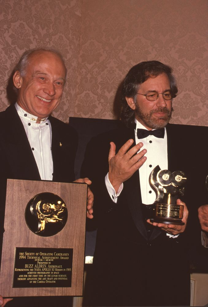 Buzz Aldrin and Steven Spielberg at an awards ceremony photo print