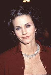 Courtney Cox close-up photo print from 'Scream 2' premiere in dark red top and silver choker.