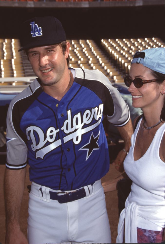 David Arquette Dodgers uniform and Courteney Cox white tank top photo print.