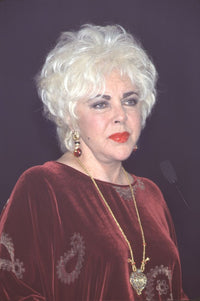 Elizabeth Taylor in dark red velvet with long gold necklace photo print.