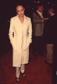 Angelina Jolie elegant photo print in long white coat