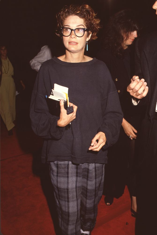 Melanie Mayron in sweatshirt and gray plaid pants photo print