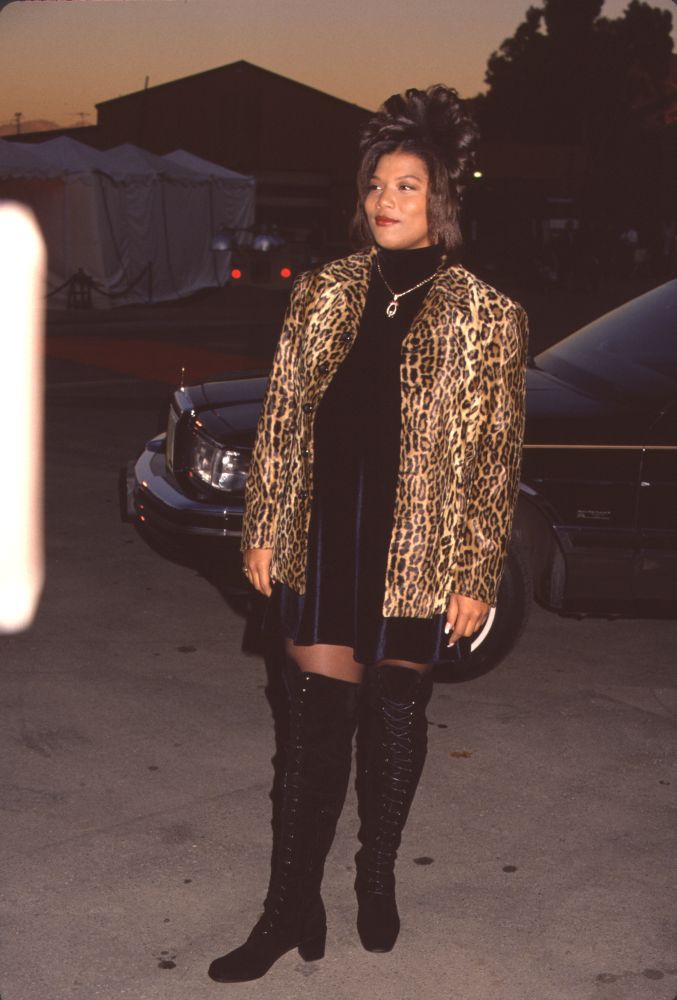 Queen Latifah in black dress and animal print jacket photo print