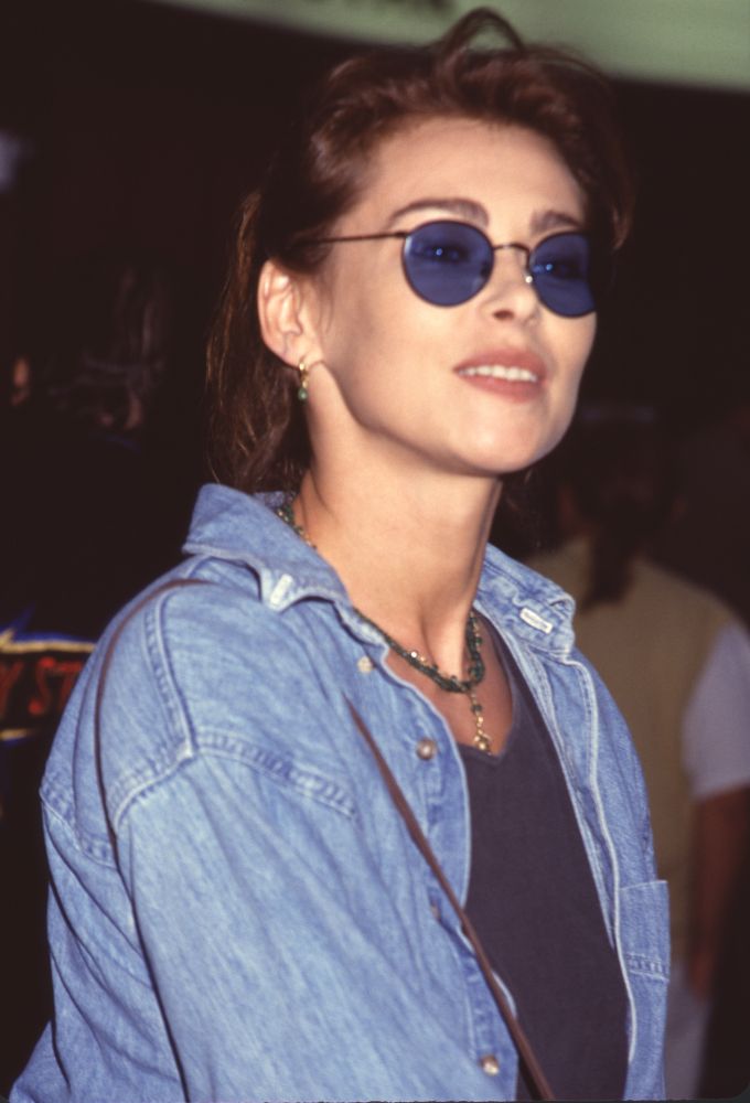 Joanna Pacula close-up photo print in denim with sunglasses