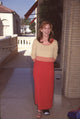 Melissa Gilbert photo print in red dress with tan sweater, vintage style