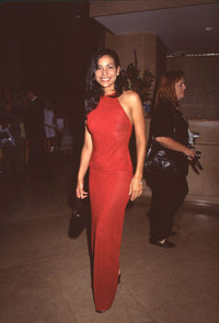 Constance Marie in red halter and long skirt photo print.