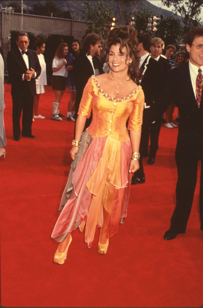 Paula Abdul photo print in orange and multicolored dress, vibrant art for home decor.