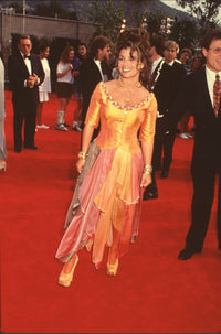 Paula Abdul photo print in orange and multicolored dress, vibrant art for home decor.