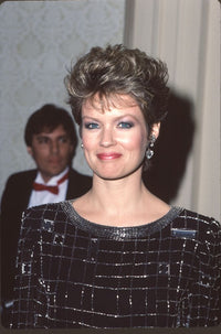Mary Hart close up photo print in black and silver top.