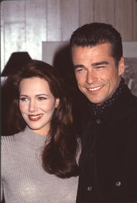 Hunter Tylo in tan turtleneck and Ian Buchanan in black jacket on Bold & Beautiful set photo print.
