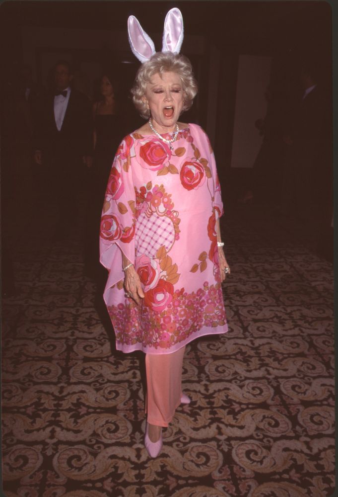 Phyllis Diller photo print in pink outfit with bunny ears at Friars Club Achievement Awards