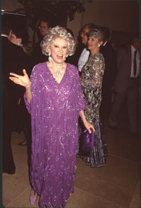 Phyllis Diller photo print in a purple sparkle dress showcasing her iconic style and charm.