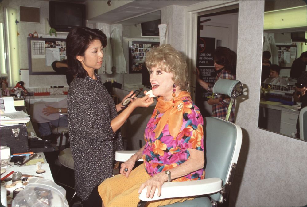Phyllis Diller in makeup chair on the set of Bold & Beautiful photo print.