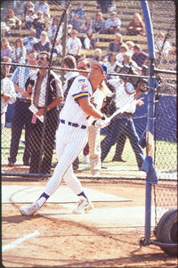 Michael Bolton batting at Bonds vs Bolton baseball game photo print.