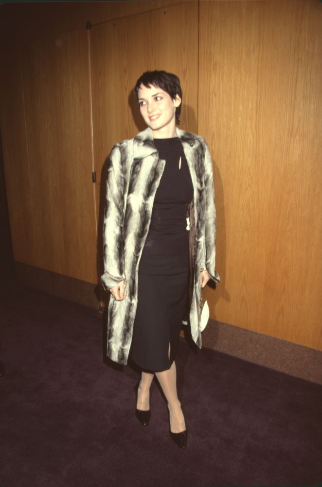 Winona Ryder in black dress and gray fur coat at Joan of Arc screening photo print.