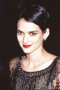 Winona Ryder close-up photo print in black sheer sequin dress at the Vanity Fair Oscar Party.
